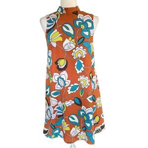 ModCloth S In With Excitement Brown Floral Mock Neck Dress Retro 70s Sleeveless